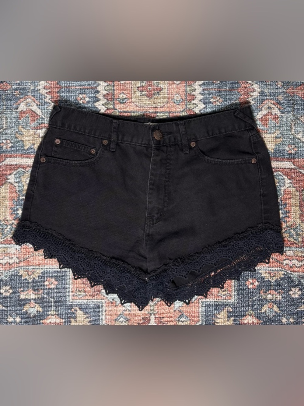 Free People Lace Trim Denim Shorts – Black | Size 27